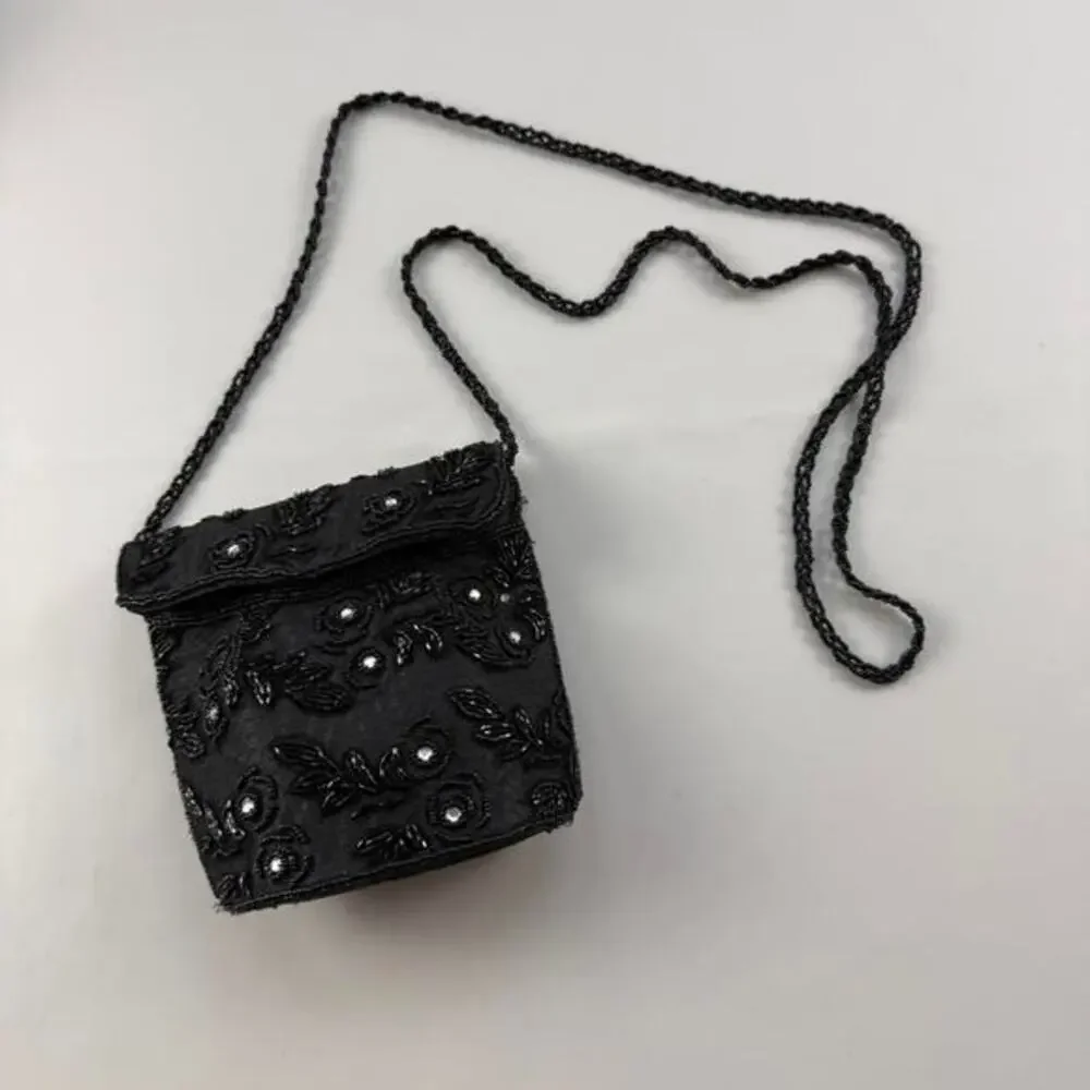 Vintage Black Beaded Mini Evening Bag Floral Satin Clutch Crossbody